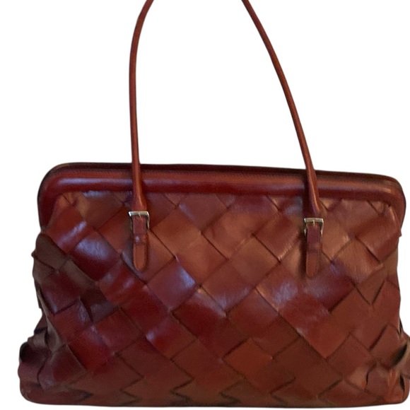 Vintage Rare Wilson’s Leather Red Large Basket Weave Frame hand bag Purse Tote - Picture 1 of 16